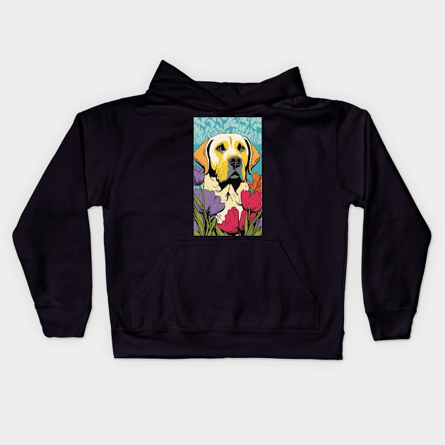 Labrador Retriever Dog Vibrant Tropical Flower Tall Retro Vintage Digital Pop Art Portrait Kids Hoodie by ArtHouseFlunky